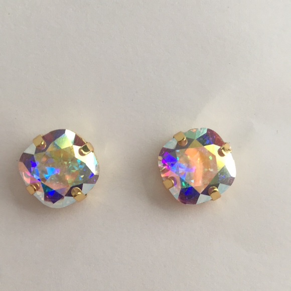 Aurora Borealis + Gold Cushion Cut Crystal Earrings